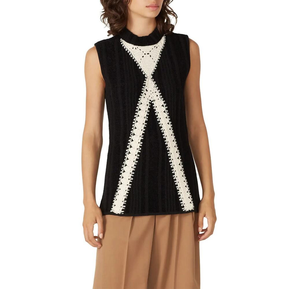 Thakoon Collective Crochet Sleeveless Sweater Top Knit Black Cream Velve… - Picture 8 of 10